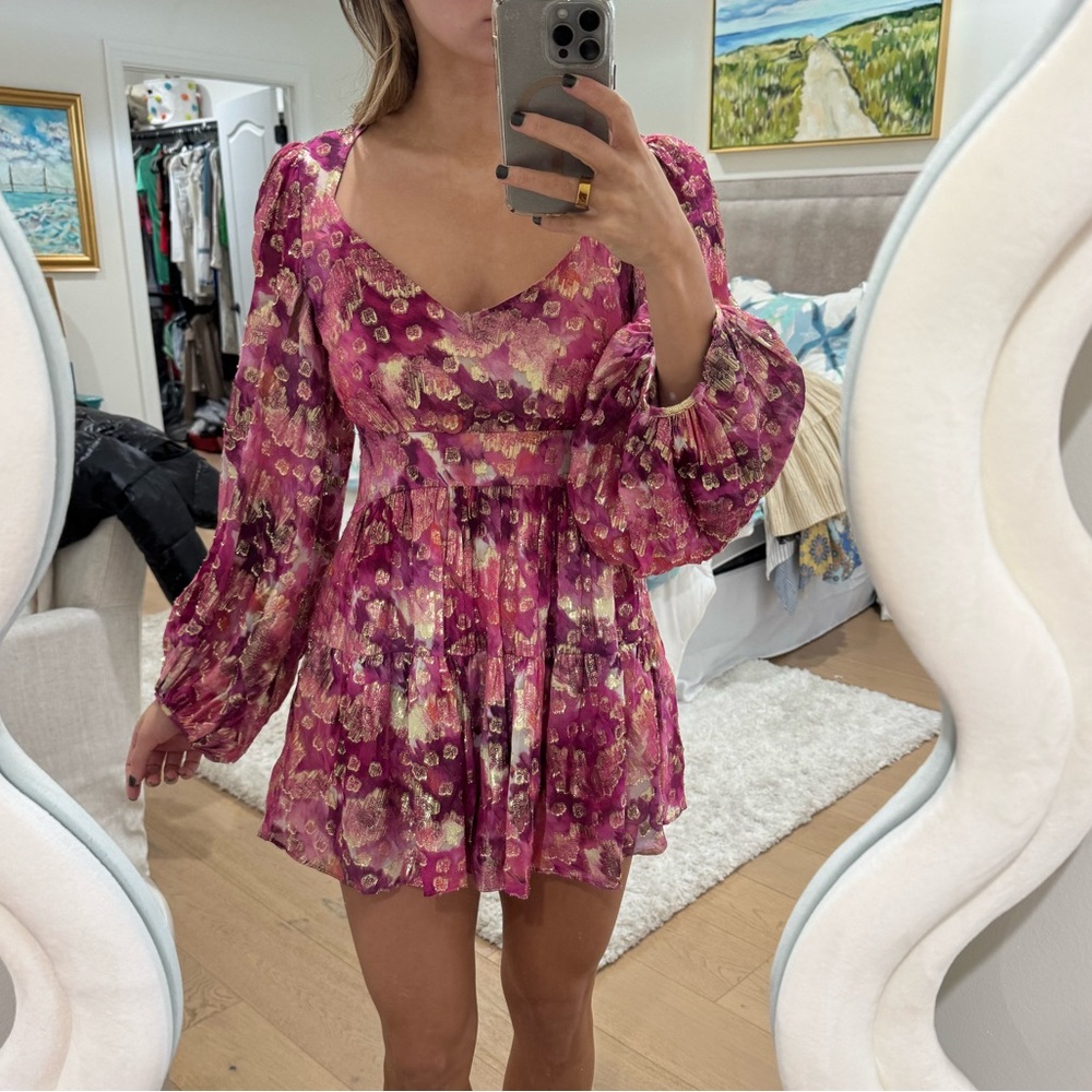LOVESHACKFANCY Willis V-Neck Metallic Mini Dress